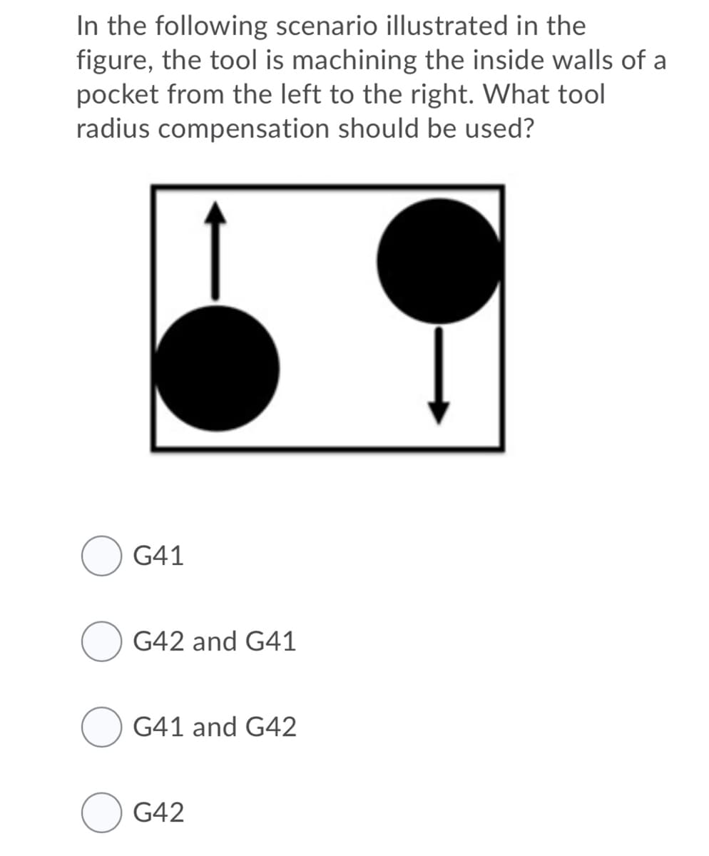 In the following scenario illustrated in the
figure, the tool is machining the inside walls of a
pocket from the left to the right. What tool
radius compensation should be used?
G41
G42 and G41
G41 and G42
G42
