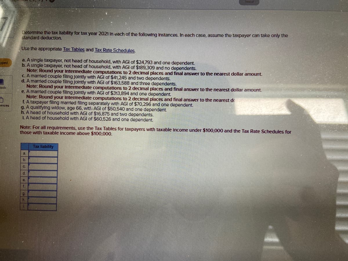 Determine the tax llability for tax year 2021 In each of the following Instances. In each case, assume the taxpayer can take only the
standard deduction.
Use the approprlate Tax Tables and Tax Rate Schedules.
a. A single taxpayer, not head of household. with AGI of $24,793 and one dependent.
b. A single taxpayer, not head of household, with AGI of $189,309 and no dependents.
Note: Round your Intermedlate computations to 2 decCimal places and final answer to the nearest dollar amount
CA marrled couple filing Jointly with AGI of $41,245 and two dependents.
d. A marrled couple filing Jolntly with AGI of $163,588 and three dependents.
Note: Round your Intermedlate computations to 2 decimal places and final answer to the nearest dollar amount
e. A marrled couple fillng Jolntly with AGI of $313.894 and one dependent.
Note: Round your Intermediate computations to 2 decimal places and final answer to the nearest do
EA taxpayer filing marrled filing separately with AGI of $70,296 and one dependent.
g. A qualifying widow, age 66. with AGI of $50,540 and one dependent
h. A head of household with AGI of $16.875 and two dependents.
LA head of household with AGI of $60,526 and one dependent.
Pped
Fook
ences
Note: For all requirements, use the Tax Tables for taxpayers with taxable Income under $100,000 and the Tax Rate Schedules for
those with taxable Income above $100,000.
Tax liability
a.
C.
d.
f.
