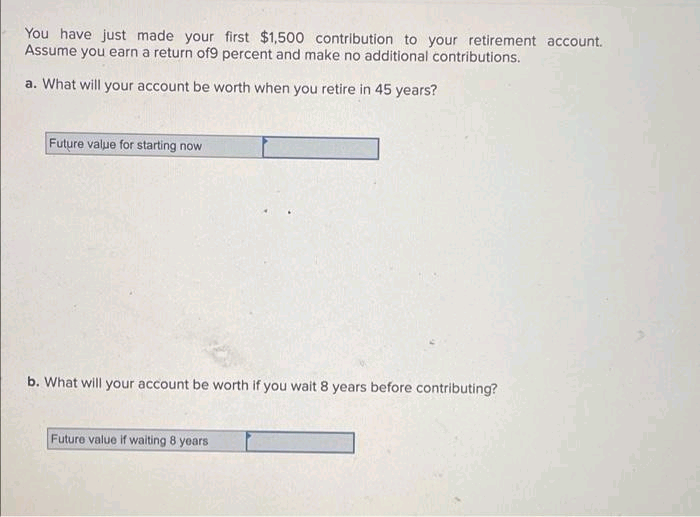 You have just made your first $1,500 contribution to your retirement account.
Assume you earn a return of9 percent and make no additional contributions.
a. What will your account be worth when you retire in 45 years?
Future value for starting now
b. What will your account be worth if you wait 8 years before contributing?
Future value if waiting 8 years
