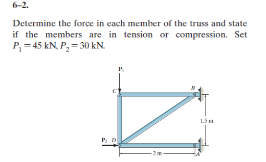 6–2.
Determine the force in each member of the truss and state
if the members are in tension or compression. Set
P, = 45 kN, P, = 30 kN.
P
1.5 m
P, D
2 m
