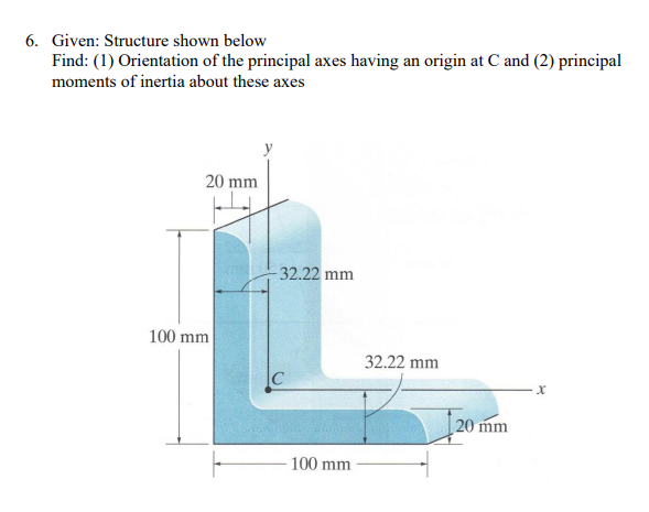 6. Given: Structure shown below
Find: (1) Orientation of the principal axes having an origin at C and (2) principal
moments of inertia about these axes
20 mm
32.22 mm
100 mm
32.22 mm
C
20 mm
100 mm
