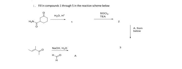 1. Fill in compounds 1 through 5 in the reaction scheme below
H20, H*
Socl,
TEA
H2N.
2
A, from
below
NaOH, H20
3
н.
A
