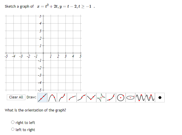 Sketch a graph of x =
= t²+2t, y = t2,t> -1.
4.
3
2
-5-4-3-2
1
Clear All Draw:
my
-2
-3
-4
-
What is the orientation of the graph?
right to left
O left to right
10
✓
опи