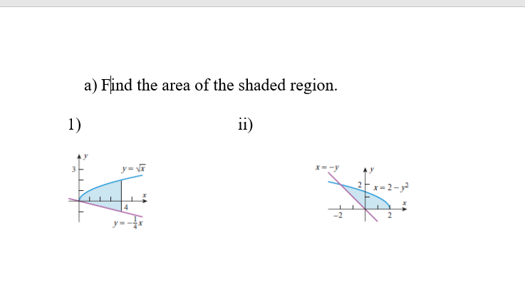 a) Find the area of the shaded region.
1)
ii)
y= Vī
X=-y
2x= 2-y
4
