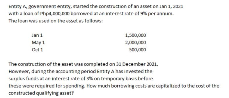 Entity A, government entity, started the construction of an asset on Jan 1, 2021
with a loan of Php4,000,000 borrowed at an interest rate of 9% per annum.
The loan was used on the asset as follows:
Jan 1
1,500,000
May 1
2,000,000
Oct 1
500,000
The construction of the asset was completed on 31 December 2021.
However, during the accounting period Entity A has invested the
surplus funds at an interest rate of 3% on temporary basis before
these were required for spending. How much borrowing costs are capitalized to the cost of the
constructed qualifying asset?
