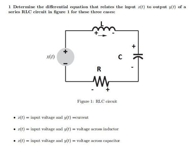 1 Determine the differential equation that relates the input r(t) to output y(t) of a
series RLC circuit in figure 1 for these three cases:
x(t)
R
+
Figure 1: RLC circuit
• r(t) = input voltage and y(t) =current
• z(t) = input voltage and y(t) = volt age across inductor
• z(t) = input voltage and y(t) = voltage across capacitor
