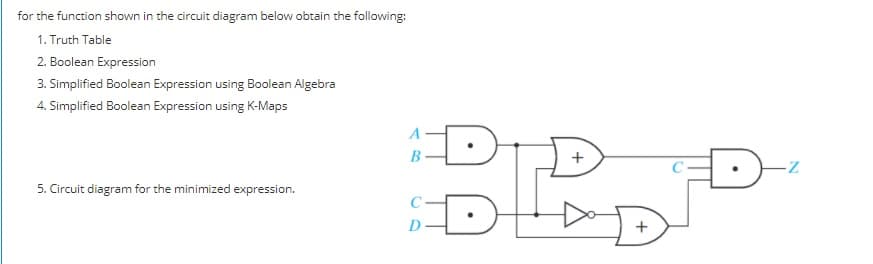 for the function shown in the circuit diagram below obtain the following:
1. Truth Table
2. Boolean Expression
3. Simplified Boolean Expression using Boolean Algebra
4. Simplified Boolean Expression using K-Maps
B
5. Circuit diagram for the minimized expression.
D
+
