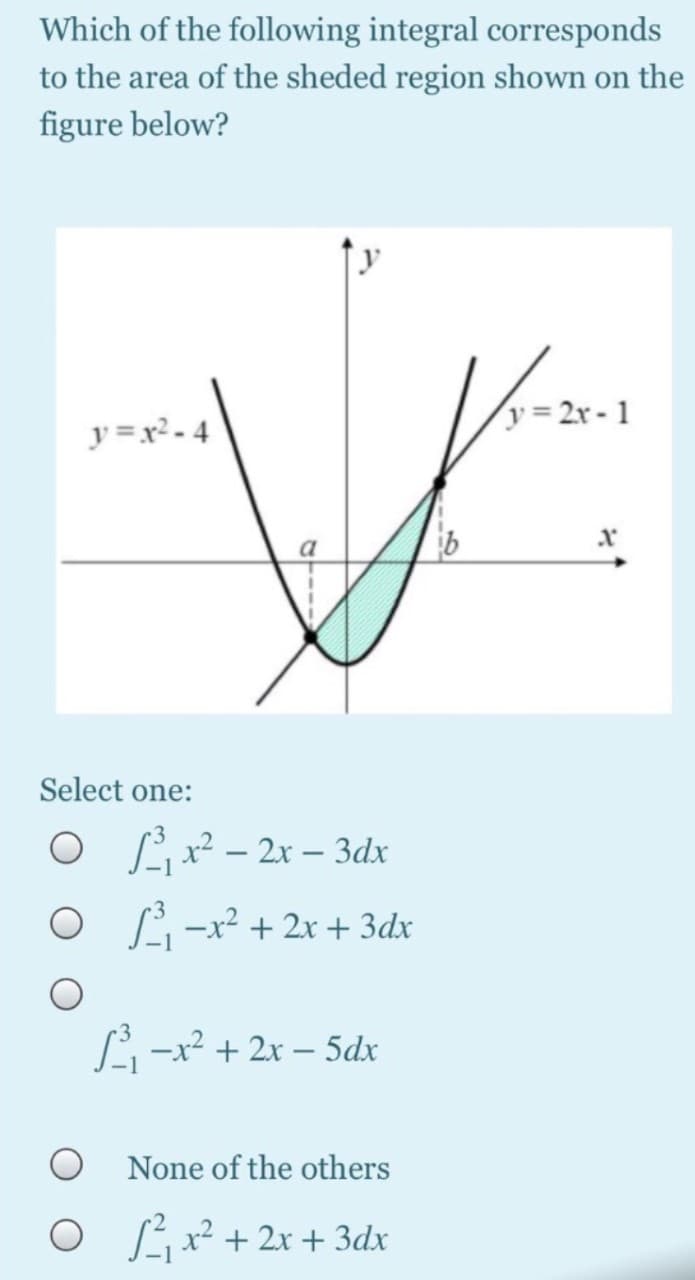Which of the following integral corresponds
to the area of the sheded region shown on the
figure below?
= 2x -
y =x² - 4
a
Select one:
o L x² – 2x – 3dx
O L -x² + 2x + 3dx
Li-x² + 2x – 5dx
None of the others
O L x² + 2xr + 3dx

