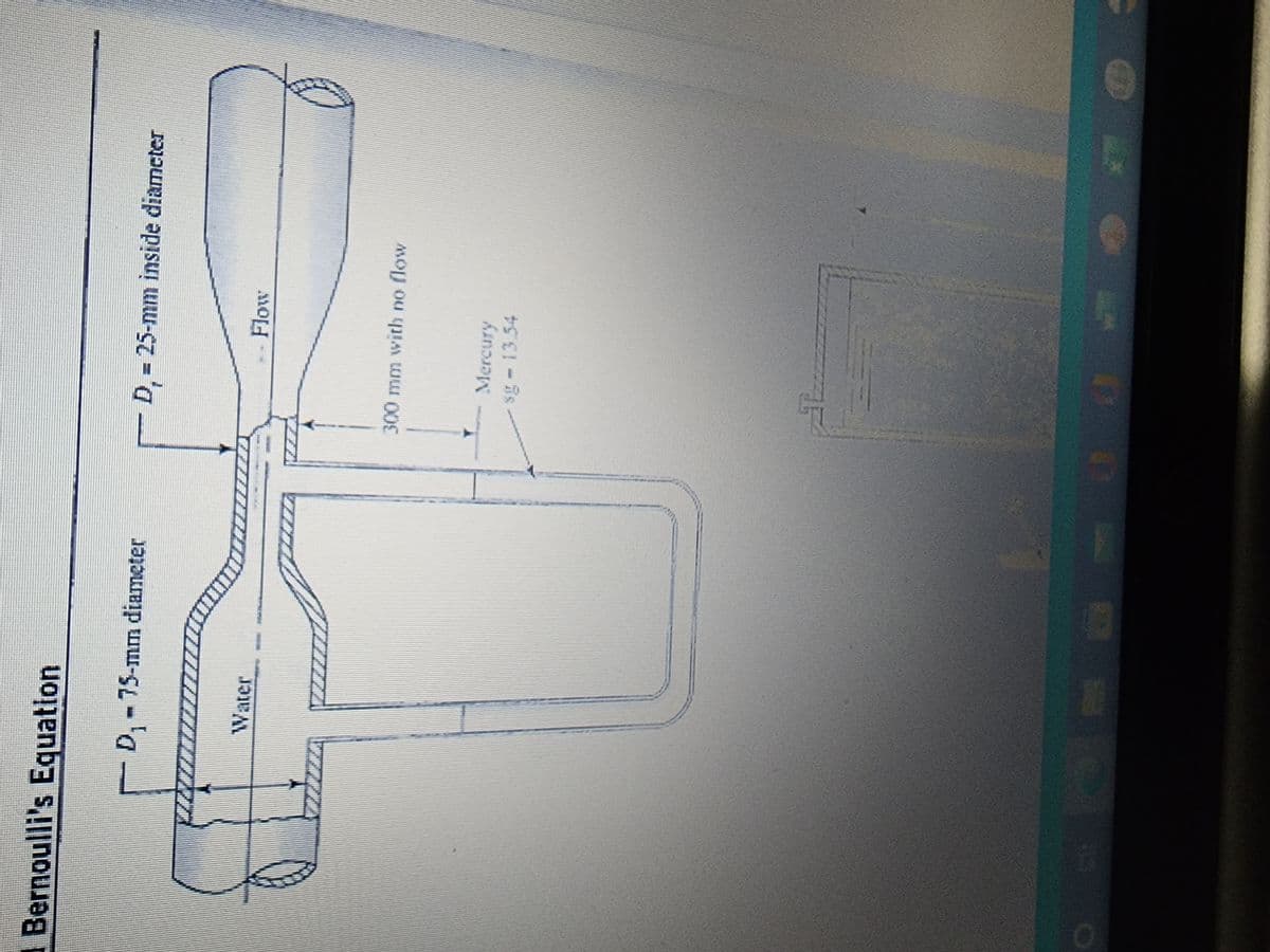 Bernoulli's Equation
D₁ - 75-mm diameter
Water
D,
D₁ = 25-mm inside diameter
Flow
300 mm with no flow
Mercury
-sg-13.54
35