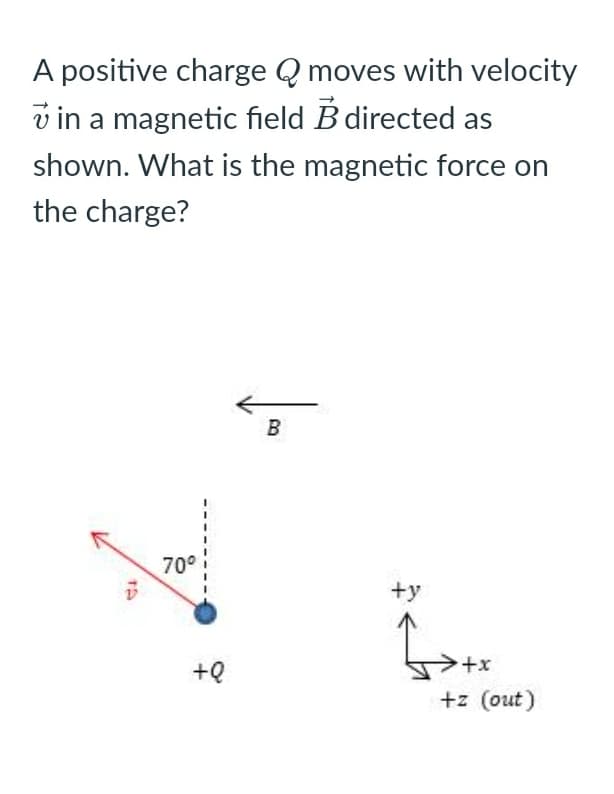 A positive charge Q moves with velocity
v in a magnetic field B directed as
shown. What is the magnetic force on
the charge?
B
70°
+y
x+<
+z (out)

