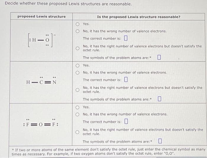 Decide whether these proposed Lewis structures are reasonable.
proposed Lewis structure
H-C=N
F=0=F:
Is the proposed Lewis structure reasonable?
Yes.
No, it has the wrong number of valence electrons.
The correct number is: 0
No, it has the right number of valence electrons but doesn't satisfy the
octet rule..
The symbols of the problem atoms are:*
Yes.
No, it has the wrong number of valence electrons.
The correct number is:
No, it has the right number of valence electrons but doesn't satisfy the
octet rule.
The symbols of the problem atoms are:*
Yes.
No, it has the wrong number of valence electrons.
The correct number is:
No, it has the right number of valence electrons but doesn't satisfy the
octet rule.
The symbols of the problem atoms are: 0
* If two or more atoms of the same element don't satisfy the octet rule, just enter the chemical symbol as many
times as necessary. For example, if two oxygen atoms don't satisfy the octet rule, enter "O,0".
