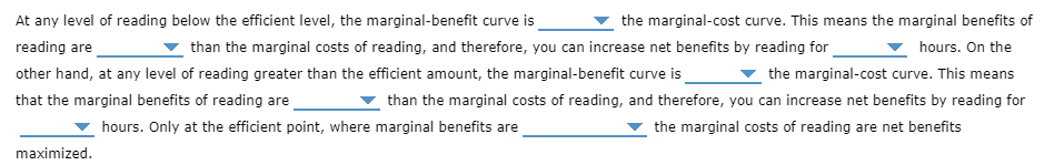 At any level of reading below the efficient level, the marginal-benefit curve is
reading are
other hand, at any level of reading greater than the efficient amount, the marginal-benefit curve is
that the marginal benefits of reading are
than the marginal costs of reading, and therefore, you can increase net benefits by reading for
hours. Only at the efficient point, where marginal benefits are
the marginal costs of reading are net benefits
the marginal-cost curve. This means the marginal benefits of
hours. On the
the marginal-cost curve. This means
maximized.
than the marginal costs of reading, and therefore, you can increase net benefits by reading for
