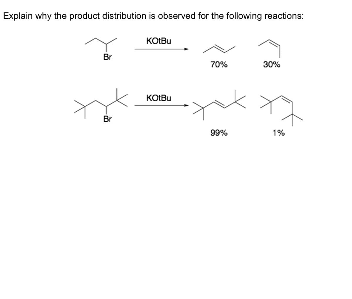 Explain why the product distribution is observed for the following reactions:
Br
Br
KOtBu
KOtBu
70%
99%
30%
1%