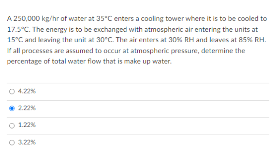 A 250,000 kg/hr of water at 35°C enters a cooling tower where it is to be cooled to
17.5°C. The energy is to be exchanged with atmospheric air entering the units at
15°C and leaving the unit at 30°C. The air enters at 30% RH and leaves at 85% RH.
If all processes are assumed to occur at atmospheric pressure, determine the
percentage of total water flow that is make up water.
4.22%
2.22%
1.22%
3.22%
