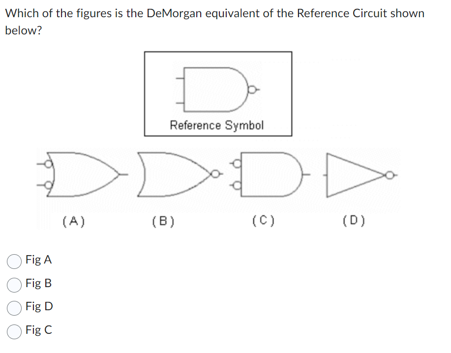 Which of the figures is the DeMorgan equivalent of the Reference Circuit shown
below?
D
(A)
Fig A
Fig B
Fig D
Fig C
Reference Symbol
(B)
D
(C)
(D)