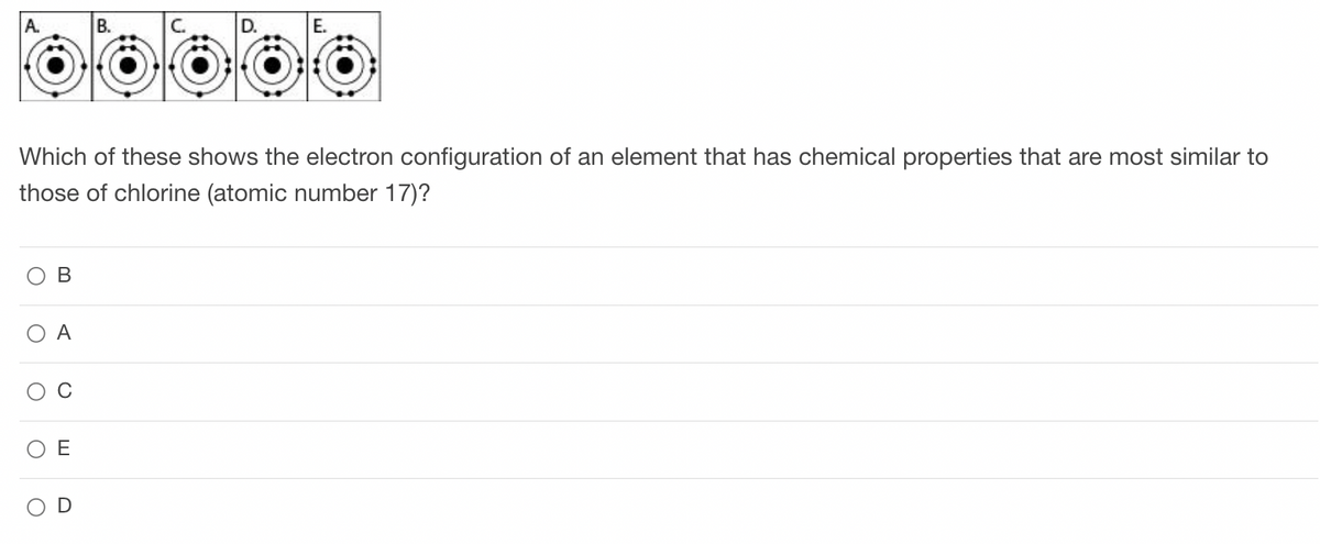 A.
O A
O
Which of these shows the electron configuration of an element that has chemical properties that are most similar to
those of chlorine (atomic number 17)?
B
O
C
ΟΕ
B.
D
D.
E.