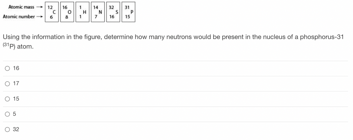 Atomic mass
Atomic number
O
16
17
15
5
12
32
C
6
16
O
8
1
1
H
14
7
N
32
Using the information in the figure, determine how many neutrons would be present in the nucleus of a phosphorus-31
(31P) atom.
16
S
31
P
15