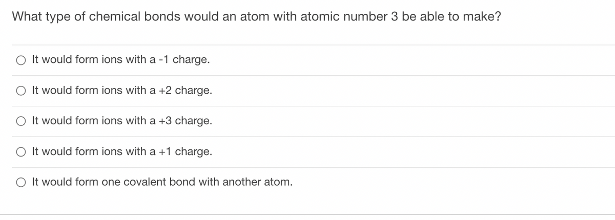 What type of chemical bonds would an atom with atomic number 3 be able to make?
It would form ions with a -1 charge.
It would form ions with a +2 charge.
It would form ions with a +3 charge.
O It would form ions with a +1 charge.
It would form one covalent bond with another atom.