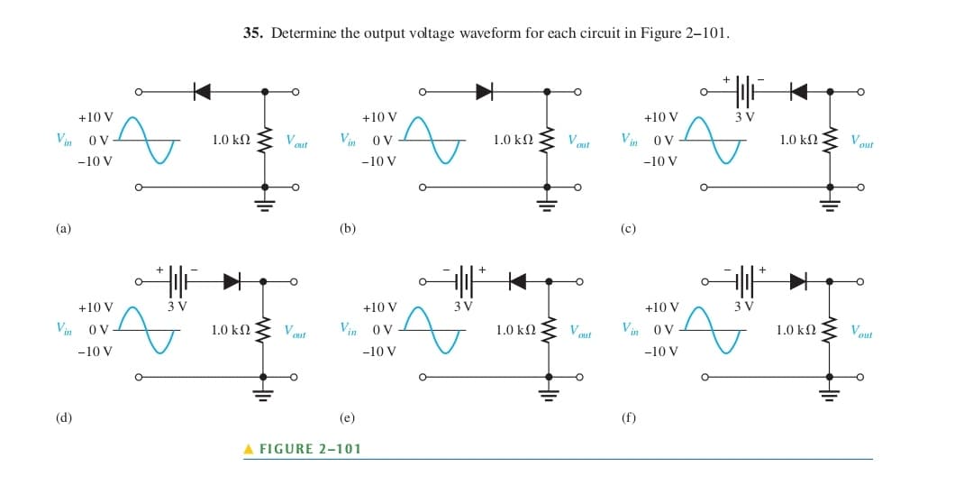 +10 V
Vin OV
-10 V
(a)
A
+10 V
Vin OV
-10 V
(d)
O
+
3 V
1.0 ΚΩ
35. Determine the output voltage waveform for each circuit in Figure 2-101.
➜
1.0 ΚΩ
Vout
Vout
+10 V
Vin OV
-10 V
(b)
+10 V
Vin OV
-10 V
(e)
~
A FIGURE 2-101
3 V
+
1.0 ΚΩ
1.0 ΚΩ
Vout
Vout
+10 V
Vin OV
-10 V
(c)
+10 V
Vin OV
-10 V
(f)
O
HIF K
3 V
F|F
3 V
+
1.0 ΚΩ
1.0 ΚΩ
Vout
Yout