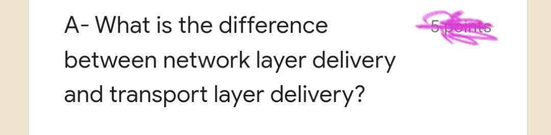 A- What is the difference
between network layer delivery
and transport layer delivery?
5 points