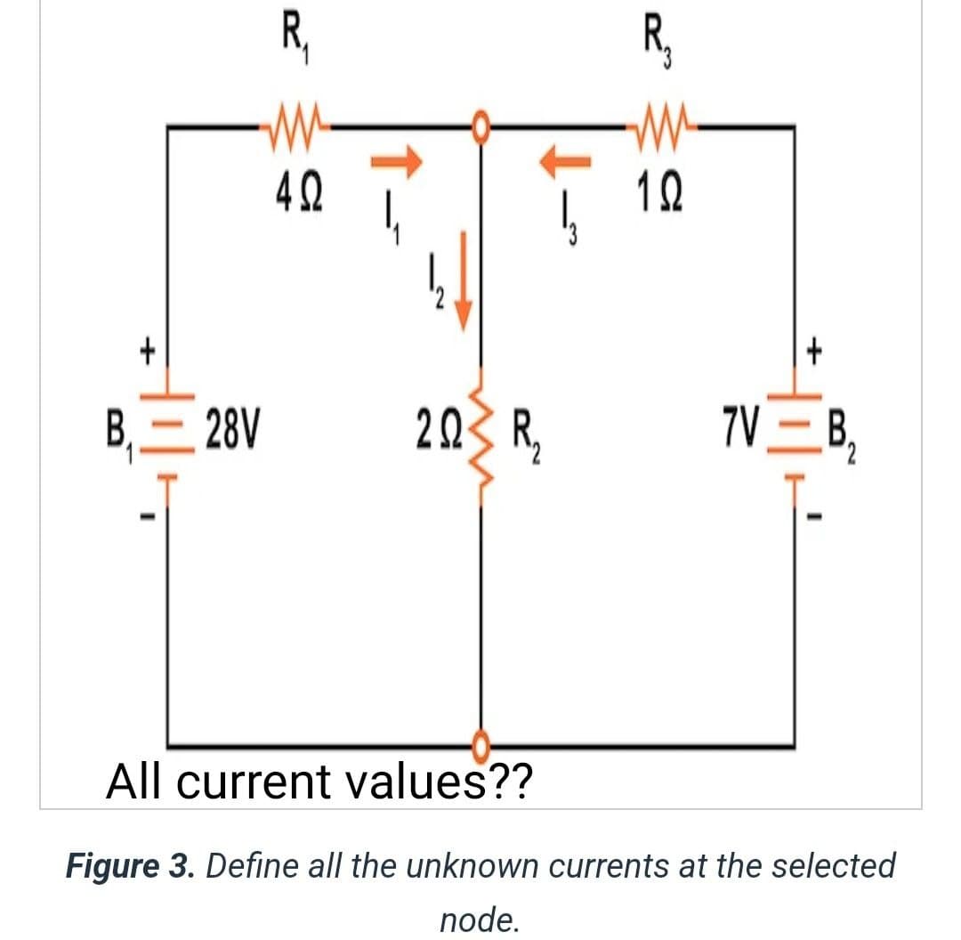 R₁
ww
40
B₁-28V
I
20 R₁₂
R₁
10
+
7V=B₂₁
All current values??
Figure 3. Define all the unknown currents at the selected
node.