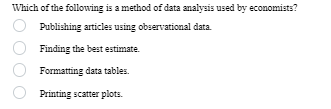 Which of the following is a method of data analysis used by economists?
Publishing articles using observational data.
Finding the best estimate.
Formatting data tables.
Printing scatter plots.