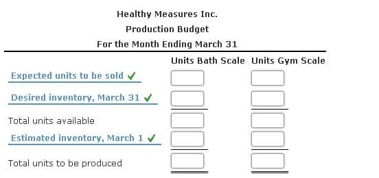 Healthy Measures Inc.
Production Budget
For the Month Ending March 31
Units Bath Scale Units Gym Scale
Expected units to be sold v
Desired inventory, March 31 v
Total units available
Estimated inventory, March 1
Total units to be produced
