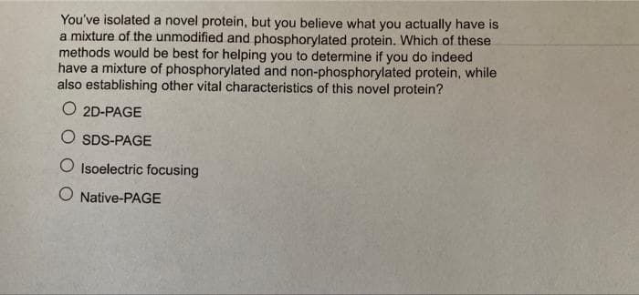 You've isolated a novel protein, but you believe what you actually have is
a mixture of the unmodified and phosphorylated protein. Which of these
methods would be best for helping you to determine if you do indeed
have a mixture of phosphorylated and non-phosphorylated protein, while
also establishing other vital characteristics of this novel protein?
O 2D-PAGE
O SDS-PAGE
O Isoelectric focusing
O Native-PAGE
