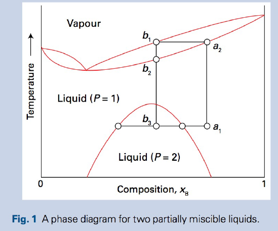 Vapour
b,
b,
Liquid (P= 1)
а,
Liquid (P = 2)
1
Composition, x,
Fig. 1 A phase diagram for two partially miscible liquids.
Temperature
