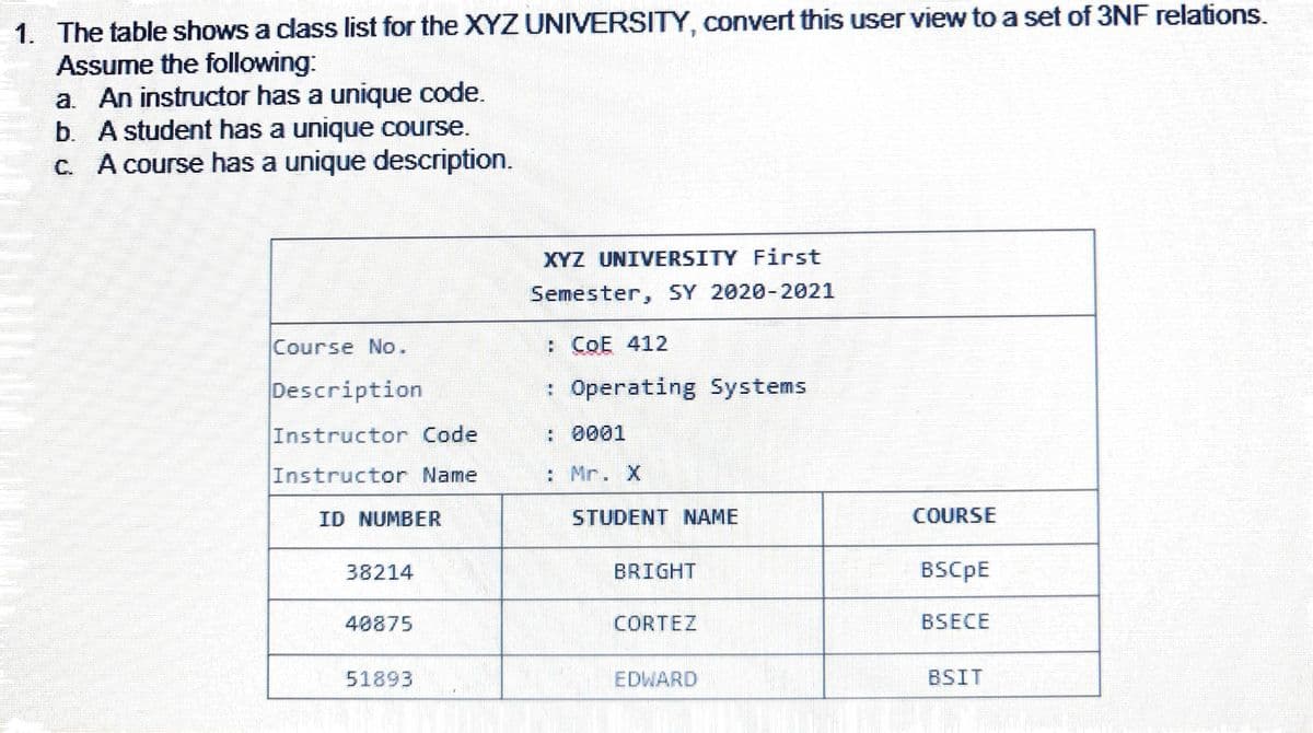 1. The table shows a class list for the XYZ UNIVERSITY, convert this user view to a set of 3NF relations.
Assume the following:
a. An instructor has a unique code.
b. Astudent has a unique course.
C. A course has a unique description.
XYZ UNIVERSITY First
Semester, SY 2020-2021
Course No.
: COE 412
Description
: Operating Systems
Instructor Code
: 0001
Instructor Name
: Mr. X
ID NUMBER
STUDENT NAME
COURSE
38214
BRIGHT
BSCPE
40875
CORTEZ
BSECE
51893
EDWARD
BSIT
