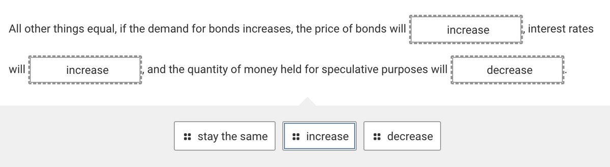 All other things equal, if the demand for bonds increases, the price of bonds will
will
increase
increase
and the quantity of money held for speculative purposes will
:: stay the same :: increase :: decrease
interest rates
decrease