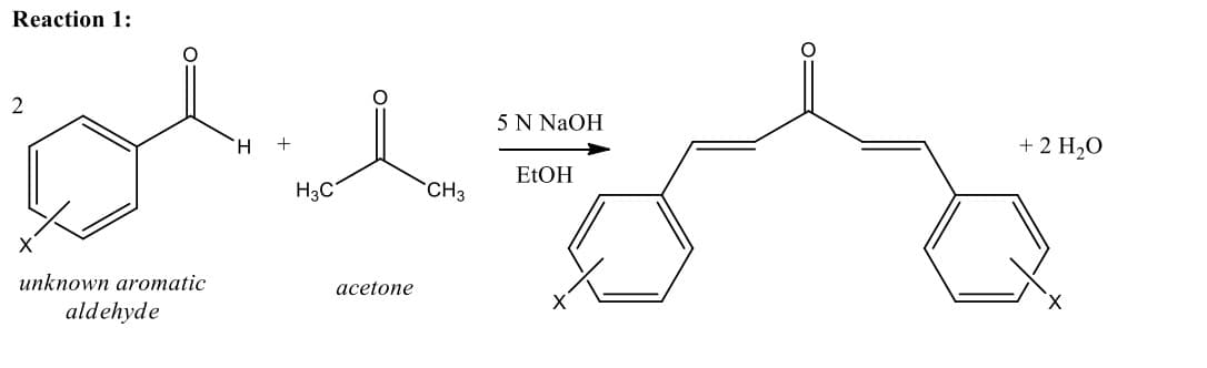 Reaction 1:
2
unknown aromatic
aldehyde
H
+
H3C
acetone
CH3
5 N NaOH
EtOH
+ 2 H₂O