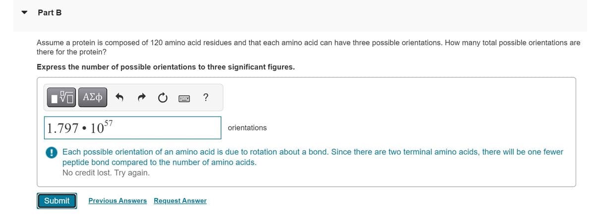 Part B
Assume a protein is composed of 120 amino acid residues and that each amino acid can have three possible orientations. How many total possible orientations are
there for the protein?
Express the number of possible orientations to three significant figures.
—| ΑΣΦ
1.797 • 1057
Each possible orientation of an amino acid is due to rotation about a bond. Since there are two terminal amino acids, there will be one fewer
peptide bond compared to the number of amino acids.
No credit lost. Try again.
Submit
?
Previous Answers Request Answer
orientations