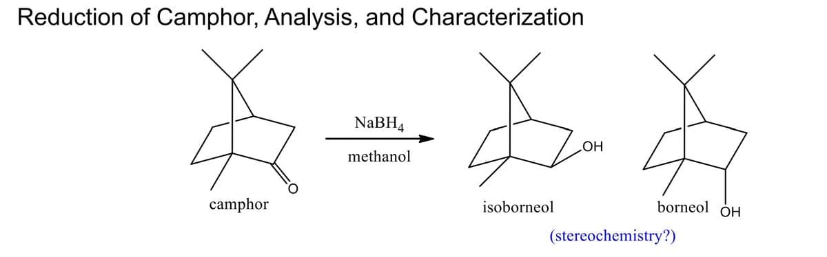 Reduction of Camphor, Analysis, and Characterization
camphor
NaBH4
methanol
कैके
OH
isoborneol
borneol OH
(stereochemistry?)