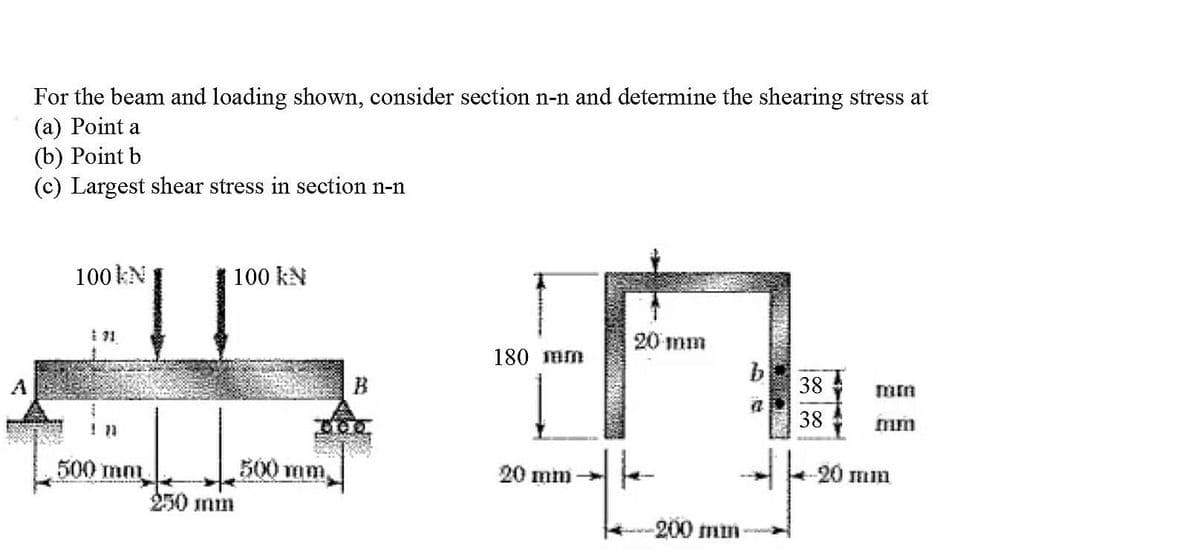 For the beam and loading shown, consider section n-n and determine the shearing stress at
(a) Point a
(b) Point b
(c) Largest shear stress in section n-n
100kN
100 KN
31
20 m
180 mm
b
38
mm
a
38
mm
500 mm
20 mm
250 mm
B
TOT
500 mm,
k
-200 mm
-20 mm