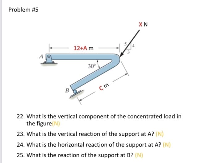 Problem #5
XN
12+A m
30°
B
Cm
22. What is the vertical component of the concentrated load in
the figure(N)
23. What is the vertical reaction of the support at A? (N)
24. What is the horizontal reaction of the support at A? (N)
25. What is the reaction of the support at B? (N)
