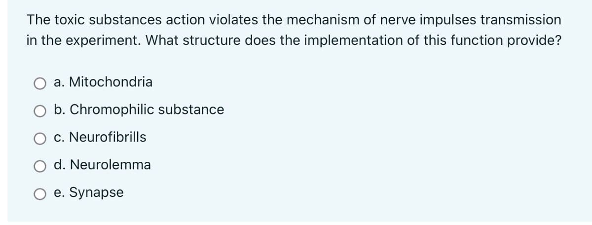 The toxic substances action violates the mechanism of nerve impulses transmission
in the experiment. What structure does the implementation of this function provide?
a. Mitochondria
b. Chromophilic substance
c. Neurofibrills
d. Neurolemma
e. Synapse