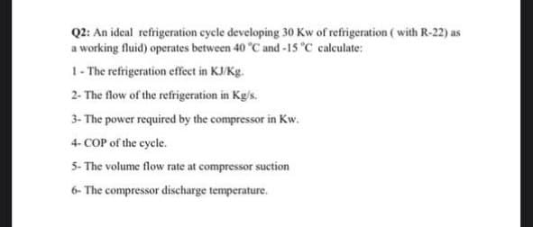 Q2: An ideal refrigeration cycle developing 30 Kw of refrigeration (with R-22) as
a working fluid) operates between 40 °C and -15 °C calculate:
1- The refrigeration effect in KJ/Kg.
2- The flow of the refrigeration in Kg/s.
3- The power required by the compressor in Kw.
4-COP of the cycle.
5- The volume flow rate at compressor suction
6- The compressor discharge temperature.