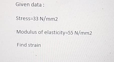 Given data :
Stress=33 N/mm2
Modulus of elasticity=55 N/mm2
Find strain
