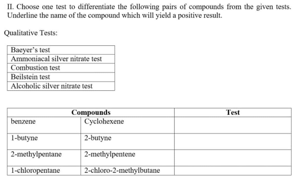 II. Choose one test to differentiate the following pairs of compounds from the given tests.
Underline the name of the compound which will yield a positive result.
Qualitative Tests:
Baeyer's test
Ammoniacal silver nitrate test
Combustion test
Beilstein test
Alcoholic silver nitrate test
Compounds
Cyclohexene
Test
benzene
1-butyne
2-butyne
2-methylpentane
2-methylpentene
1-chloropentane
2-chloro-2-methylbutane
