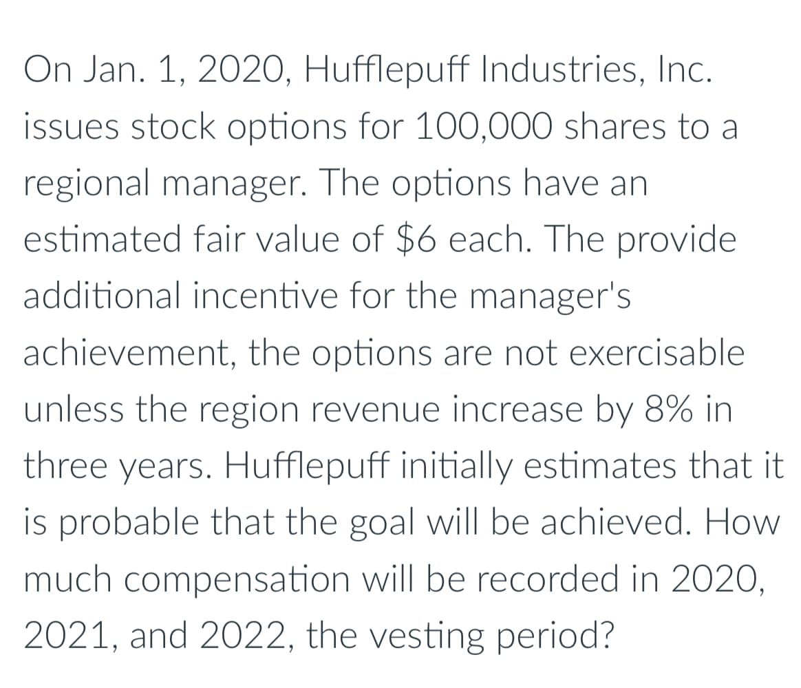On Jan. 1, 2020, Hufflepuff Industries, Inc.
issues stock options for 100,000 shares to a
regional manager. The options have an
estimated fair value of $6 each. The provide
additional incentive for the manager's
achievement, the options are not exercisable
unless the region revenue increase by 8% in
three years. Hufflepuff initially estimates that it
is probable that the goal will be achieved. How
much compensation will be recorded in 2020,
2021, and 2022, the vesting period?