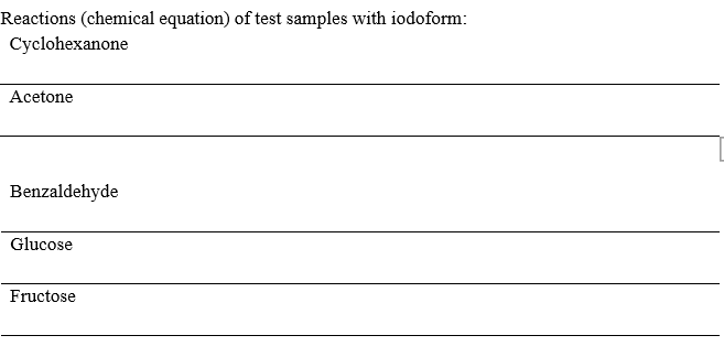 Reactions (chemical equation) of test samples with iodoform:
Cyclohexanone
Acetone
Benzaldehyde
Glucose
Fructose
