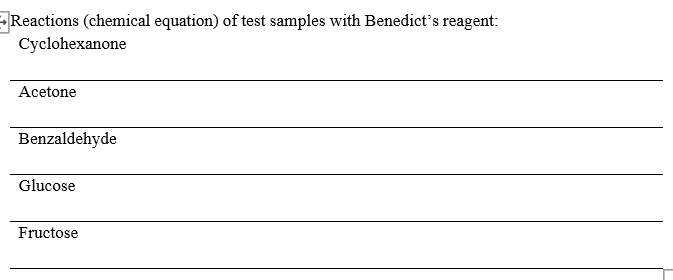 Reactions (chemical equation) of test samples with Benedict's reagent:
Cyclohexanone
Acetone
Benzaldehyde
Glucose
Fructose
