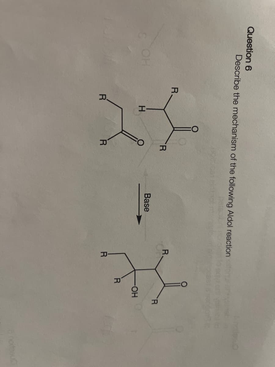 Question 6
Describe the mechanism of the following Aldol reaction
OH
H
R
R
Base
R
R
-OH
R
R
noitssub