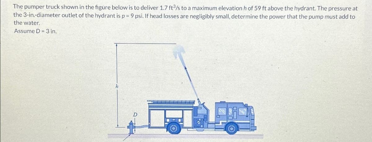 The pumper truck shown in the figure below is to deliver 1.7 ft³/s to a maximum elevation h of 59 ft above the hydrant. The pressure at
the 3-in.-diameter outlet of the hydrant is p = 9 psi. If head losses are negligibly small, determine the power that the pump must add to
the water.
Assume D 3 in.
h
D