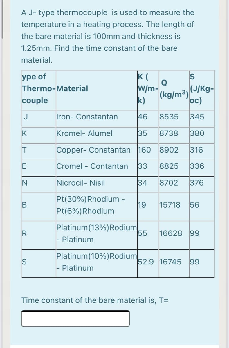 A J- type thermocouple is used to measure the
temperature in a heating process. The length of
the bare material is 100mm and thickness is
1.25mm. Find the time constant of the bare
material.
K (
Q
уре of
Thermo-Material
couple
|(J/Kg-
W/m-
(kg/m3)|
k)
oc)
J
Iron- Constantan
46
8535
345
Kromel- Alumel
35
8738
380
Copper- Constantan 16O
8902
316
E
Cromel - Contantan
33
8825
336
IN
Nicrocil- Nisil
34
8702
376
B
Pt(30%)Rhodium -
19
56
15718
Pt(6%) Rhodium
Platinum (13%)Rodium
55
16628 99
Platinum
Platinum(10%)Rodium
IS
52.9 16745
99
Platinum
Time constant of the bare material is, T=
