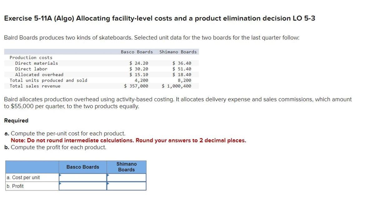 Exercise 5-11A (Algo) Allocating facility-level costs and a product elimination decision LO 5-3
Baird Boards produces two kinds of skateboards. Selected unit data for the two boards for the last quarter follow:
Production costs
Direct materials
Direct labor
Allocated overhead
Total units produced and sold
Total sales revenue
Basco Boards
a. Cost per unit
b. Profit
$24.20
$ 30.20
$15.10
4, 200
$ 357,000
Basco Boards
Baird allocates production overhead using activity-based costing. It allocates delivery expense and sales commissions, which amount
to $55,000 per quarter, to the two products equally.
Shimano Boards
Required
a. Compute the per-unit cost for each product.
Note: Do not round intermediate calculations. Round your answers to 2 decimal places.
b. Compute the profit for each product.
$36.40
$51.40
$18.40
8,200
$ 1,000,400
Shimano
Boards