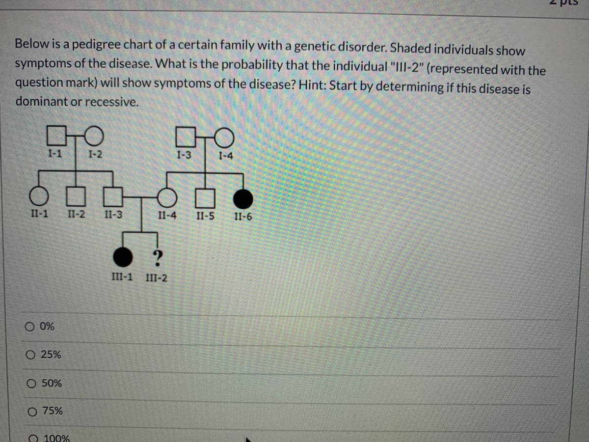 Below is a pedigree chart of a certain family with a genetic disorder. Shaded individuals show
symptoms of the disease. What is the probability that the individual "III-2" (represented with the
question mark) will show symptoms of the disease? Hint: Start by determining if this disease is
dominant or recessive.
1-1
I-2
I-3
I-4
II-1
II-2
II-3
II-4 II-5
II-6
III-1 III-2
O 0%
O 25%
50%
75%
O 100%
