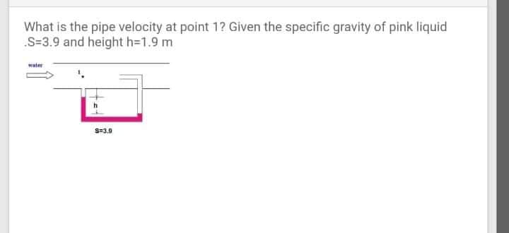 What is the pipe velocity at point 1? Given the specific gravity of pink liquid
.S=3.9 and height h=1.9 m
water
