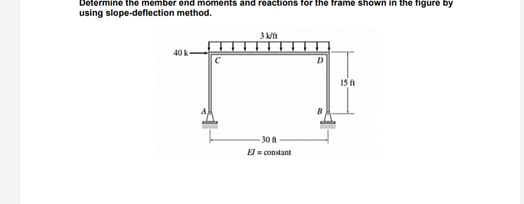 Determine the member end moments and reactions for the frame shown in the figure by
using slope-deflection method.
3 k/ft
C
T
40 k-
-30 ft
El= constant
D
B
15 ft